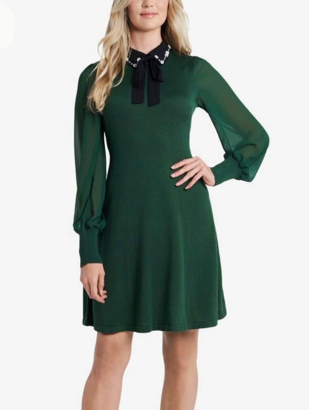 CeCe Green Knit Dress Sz M Black Peter Pan Collar Rhinestones Sheer Long Sleeves